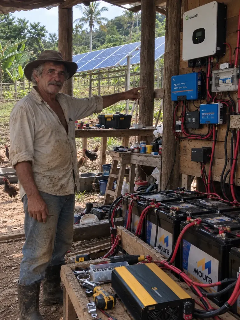 Sistema solar com painéis, baterias e inversor em propriedade rural